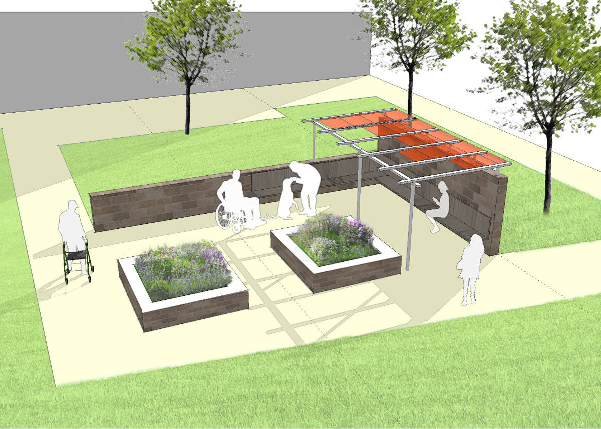 Ansicht geschützte Sitzgruppe mit Hochbeeten