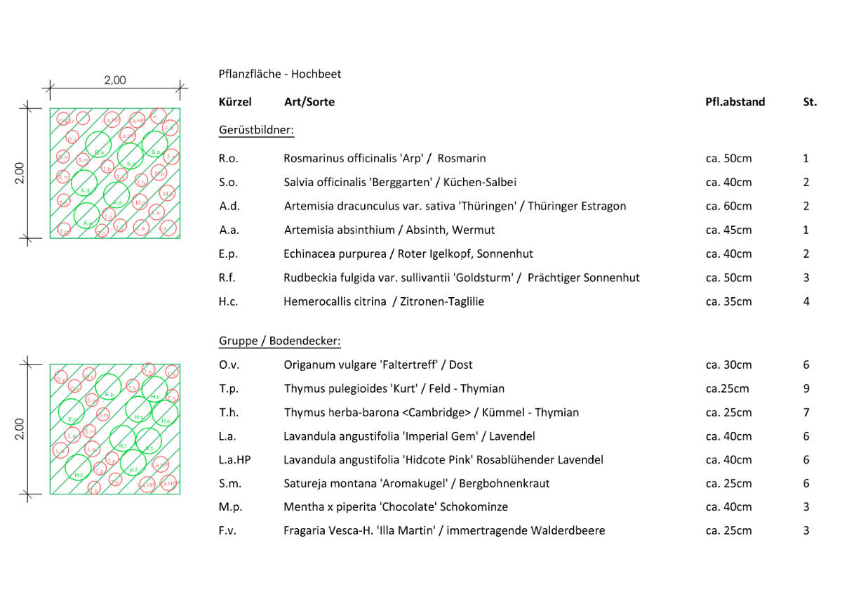 Pflanzplan Hochbeete mit Kräuter- und Duftpflanzen