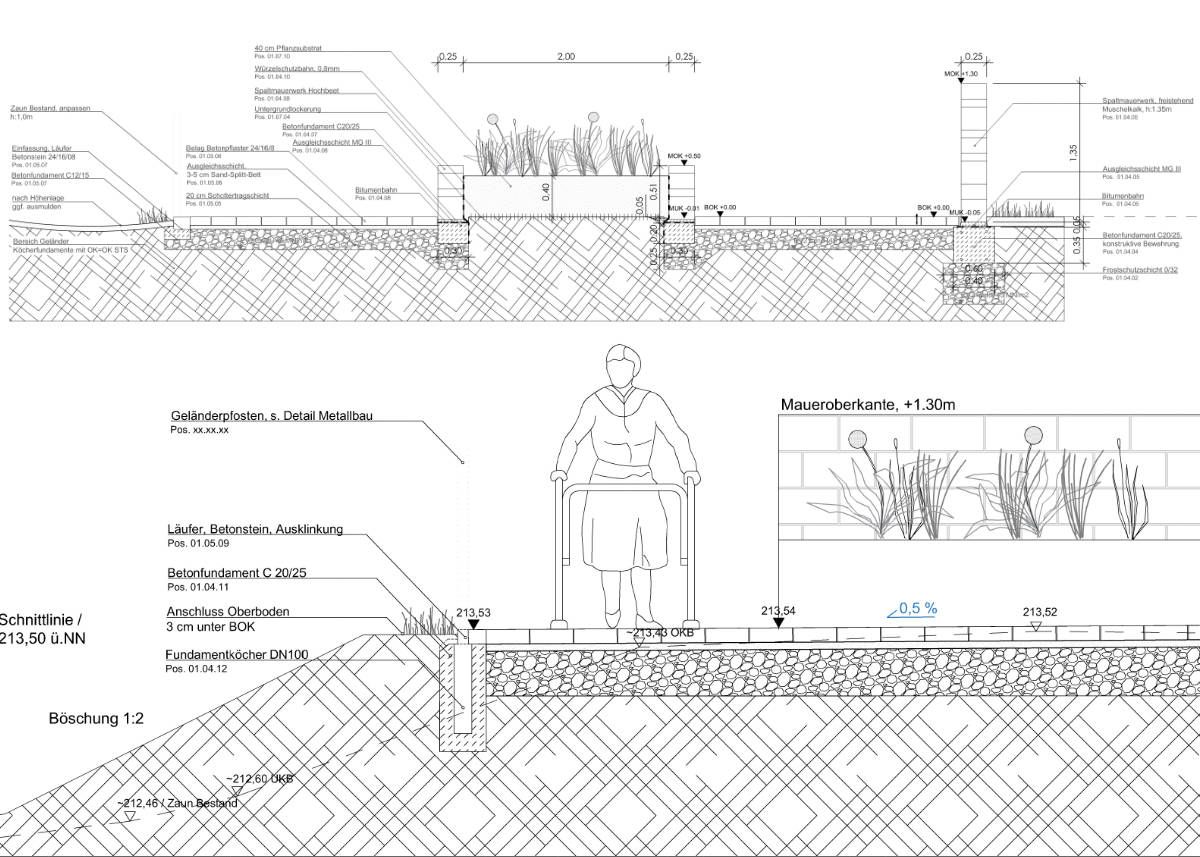 Detail Schutzwand mit Hochbeet | Detail Rundweg mit Hochbeet